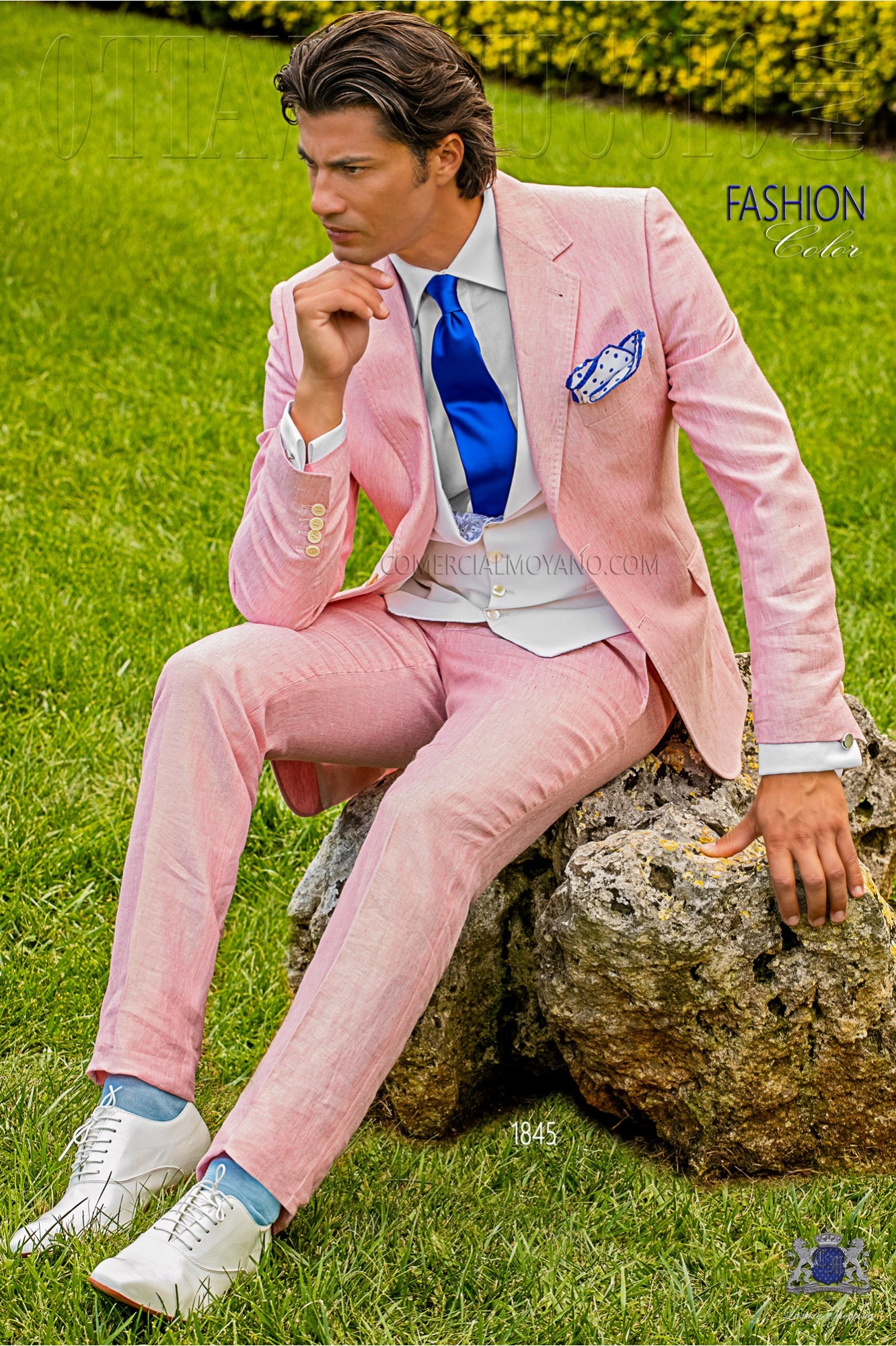 Stitched bespoke pink metalized linen suit model 1845 Mario Moyano