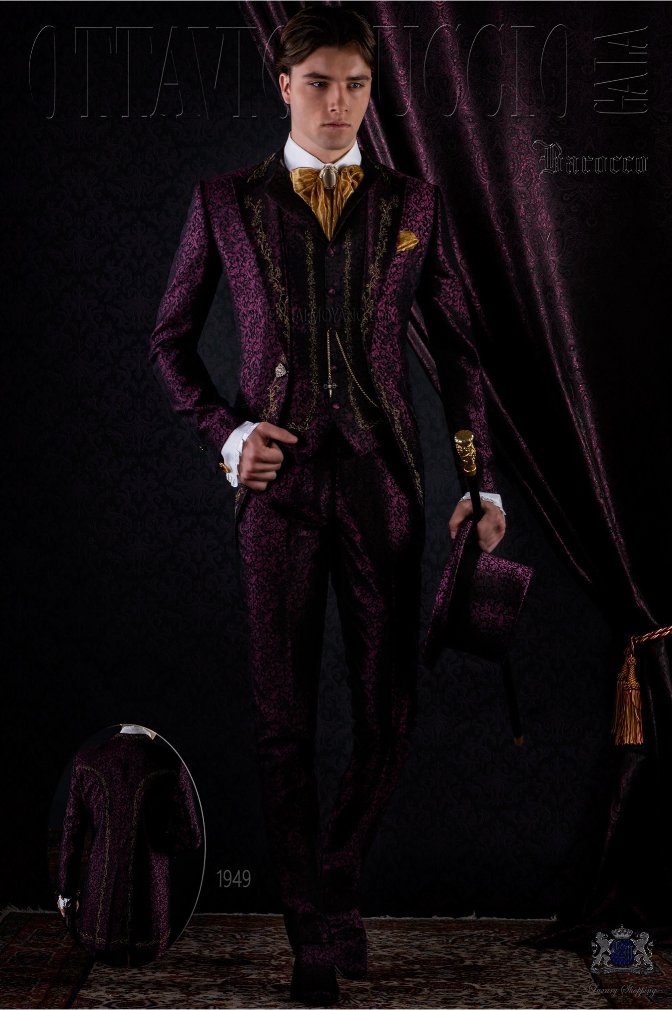 Baroque brocade purple frock coat golden embroidered