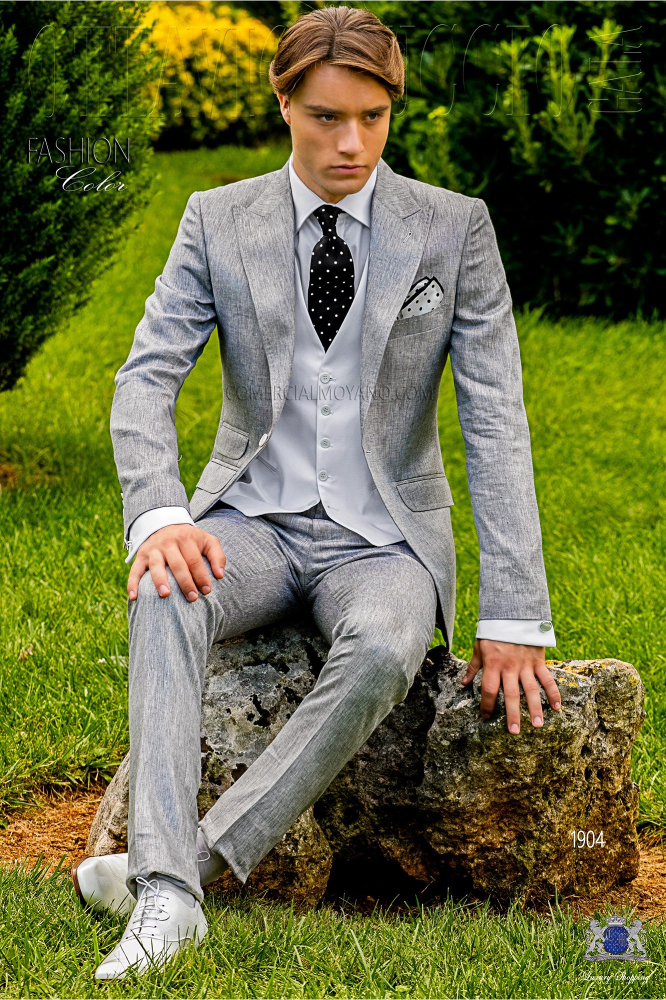 Bespoke stitched pearl grey metalized linen suit