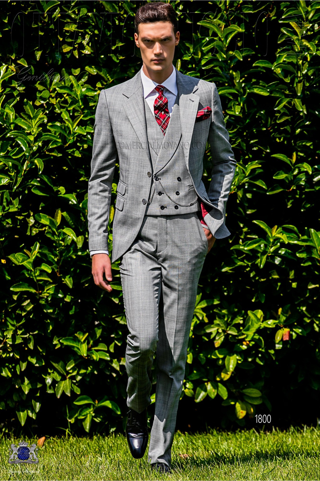 Traje de novio Príncipe de Gales gris y rojo modelo: 1800 Mario Moyano colección Gentleman