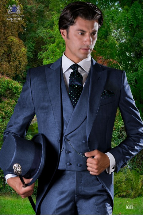 Italian bespoke wool mix blue fil-a-fil morning suit