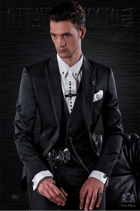 Fashion italian bespoke suit black micro design with waistcoat