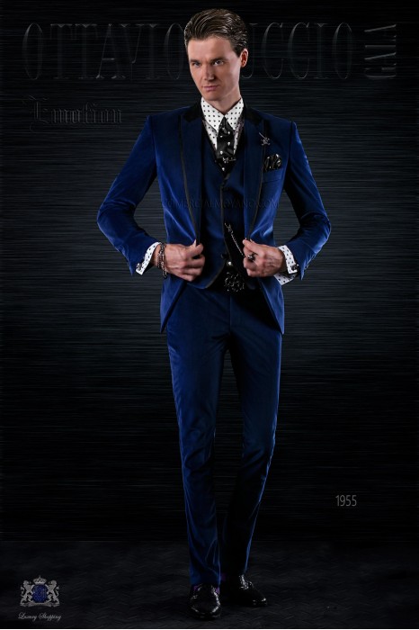 Bespoke Italian fashion blue velvet suit with black satin details