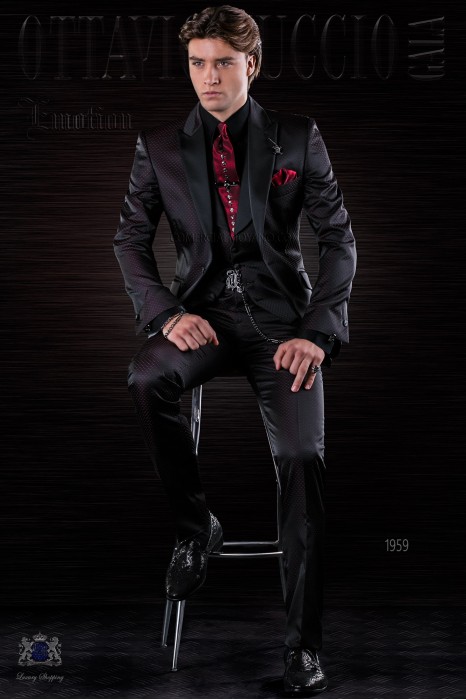 Costume italienne pour homme de mode noir avec pois rouge
