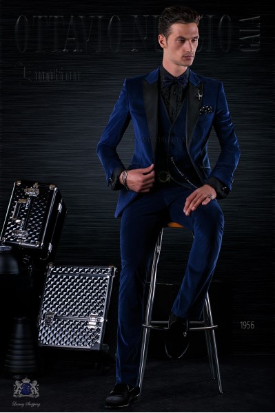 Bespoke Italian fashion blue velvet suit with black satin peak lapels