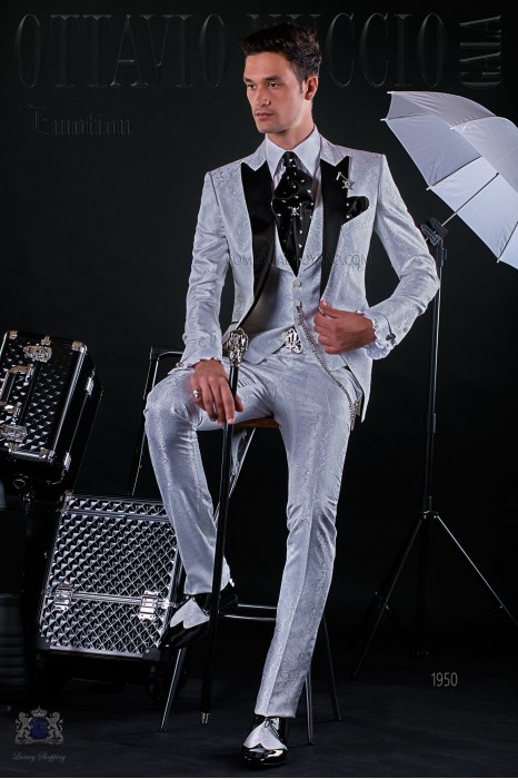 Italian fashion bespoke suit white jacquard with black satin peak lapels