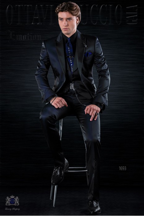 Mode Herren Anzug schwarz mit blaue Mikromuster