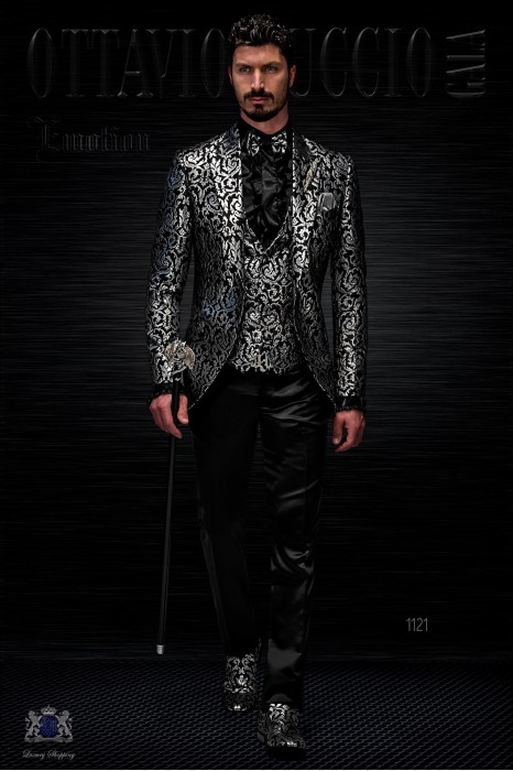Herren Mode Sakko schwarz und silber aus Brokat Stoff