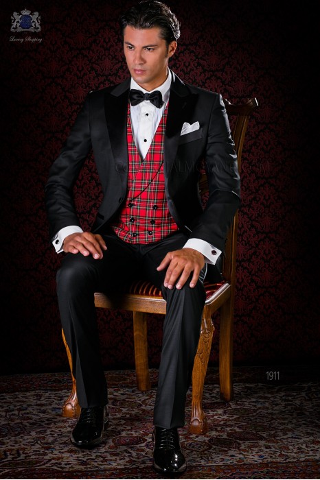 Italian bespoke black cool wool tuxedo with satin lapels