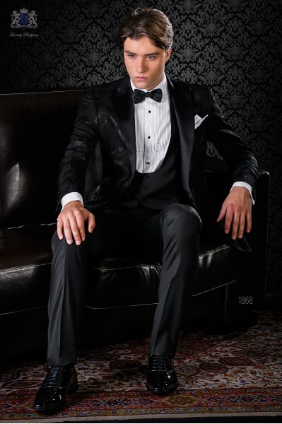 Italian bespoke black wool silk jacquard tuxedo combined with black trousers