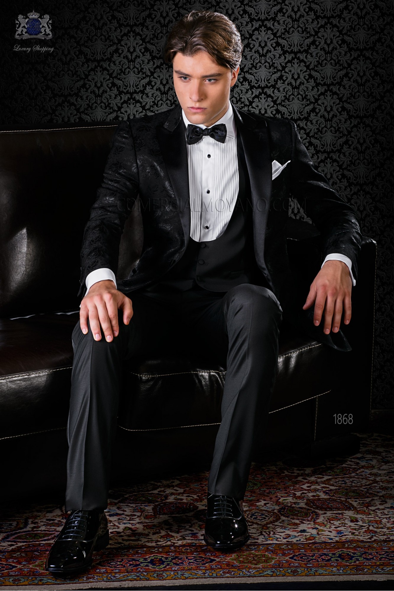 Bespoke black wool silk jacquard tuxedo combined with black trousers model 1868 Mario Moyano