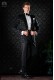Italian bespoke wool silk black jacquard tuxedo combined with black trousers