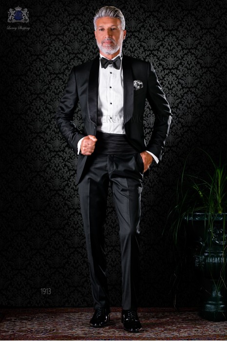 Schwarze Smoking Anzug mit Schalkragen aus reiner Wolle
