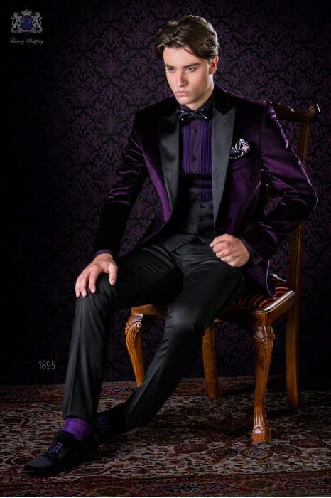 Italian bespoke purple velvet tuxedo combined with a black trousers