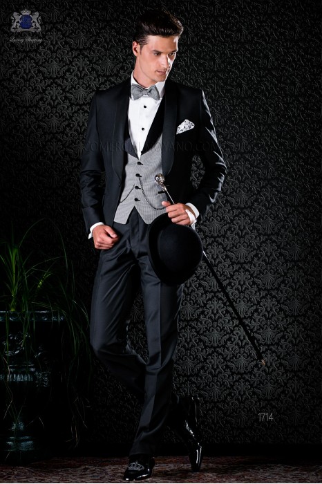 Italian bespoke blue tuxedo with peak satin lapels and 1 button. Wool mix fabric