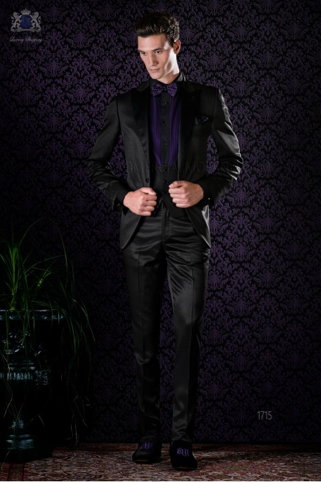 Italian bespoke black tuxedo slim fit with peak satin lapels and 1 button