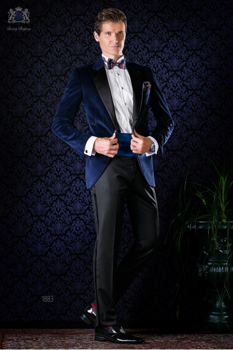 Italian bespoke blue velvet tuxedo combined with black trousers