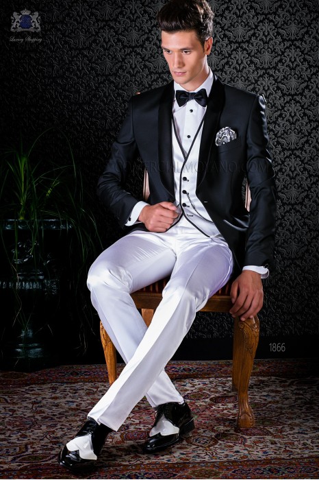 Dinner Jacket de laine noir avec pantalons blanc de satin