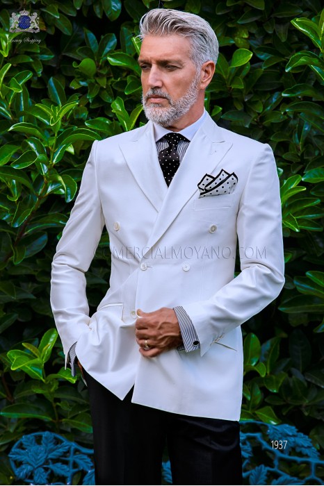 Bespoke white shantung double breasted jacket combined with a black trousers