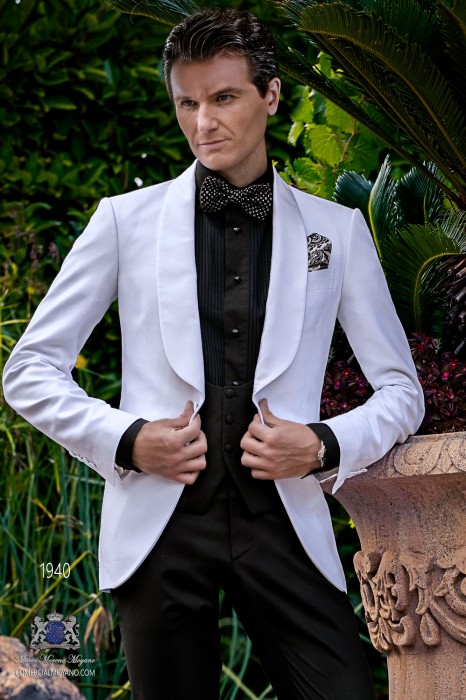 Bespoke white dinner jacket combined with a black trousers