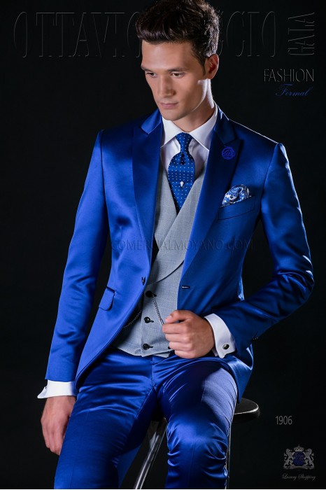 Italian bespoke electric blue satin suit
