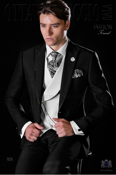 Italian bespoke black slim suit with satin contrast