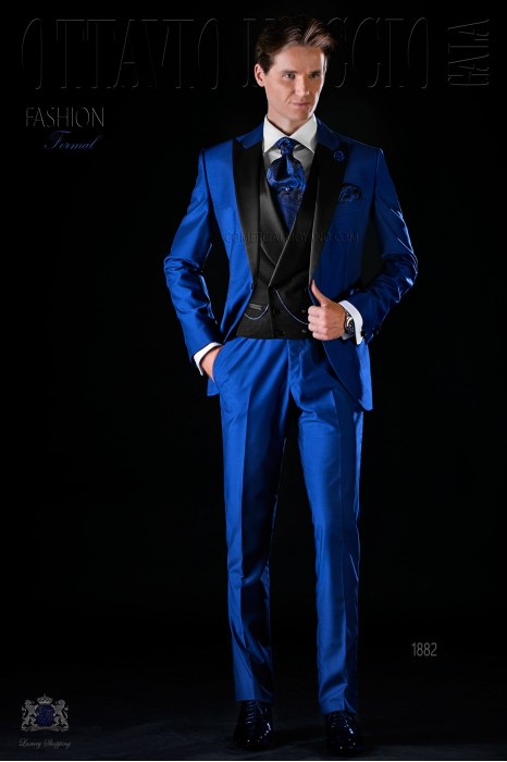 Italian bespoke electric blue slim suit with satin lapels