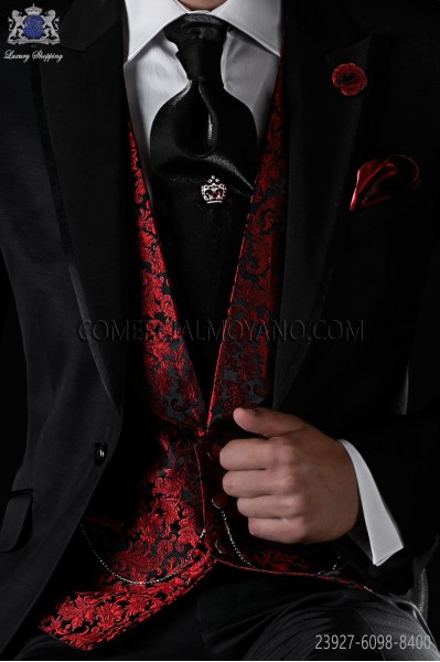 Red pure jacquard silk waistcoat with shawl collar 