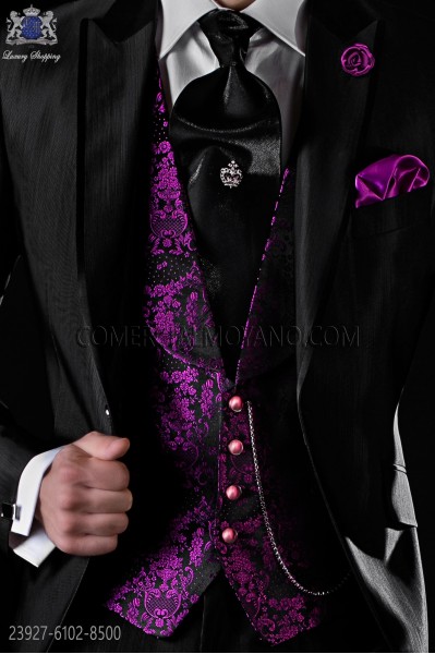 Fuchsia pure jacquard silk waistcoat with shawl collar 