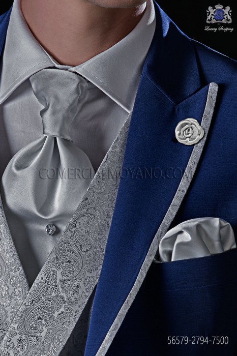 Cravate et mouchoir gris perlé en satin 75