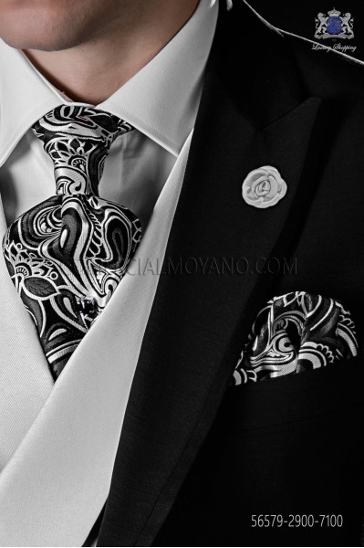 Corbatón blanco y negro pura seda con pañuelo a juego