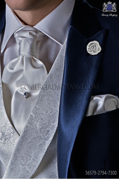 Pearl grey satin tie with matching pocket square.