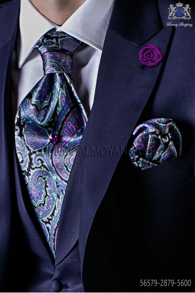 Cravate et mouchoir de soie bleu et rose paisley dessin