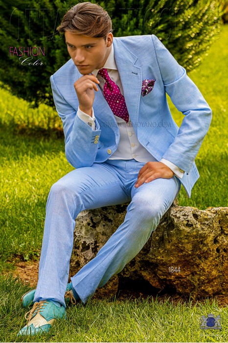 Italian stitched bespoke light blue cotton linen suit