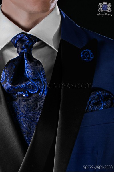 Black and blue silk tie and matching pocket square