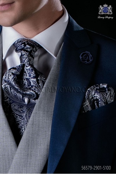 Krawatte mit Einstecktuch blau und silber aus Jacquard Seide