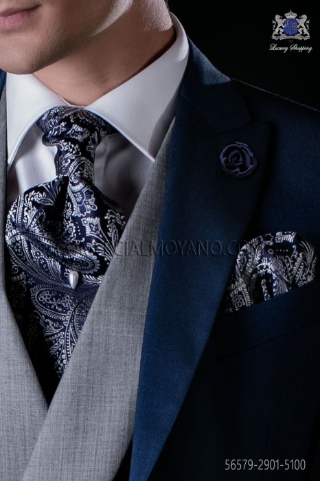 Krawatte mit Einstecktuch blau und silber aus Jacquard Seide