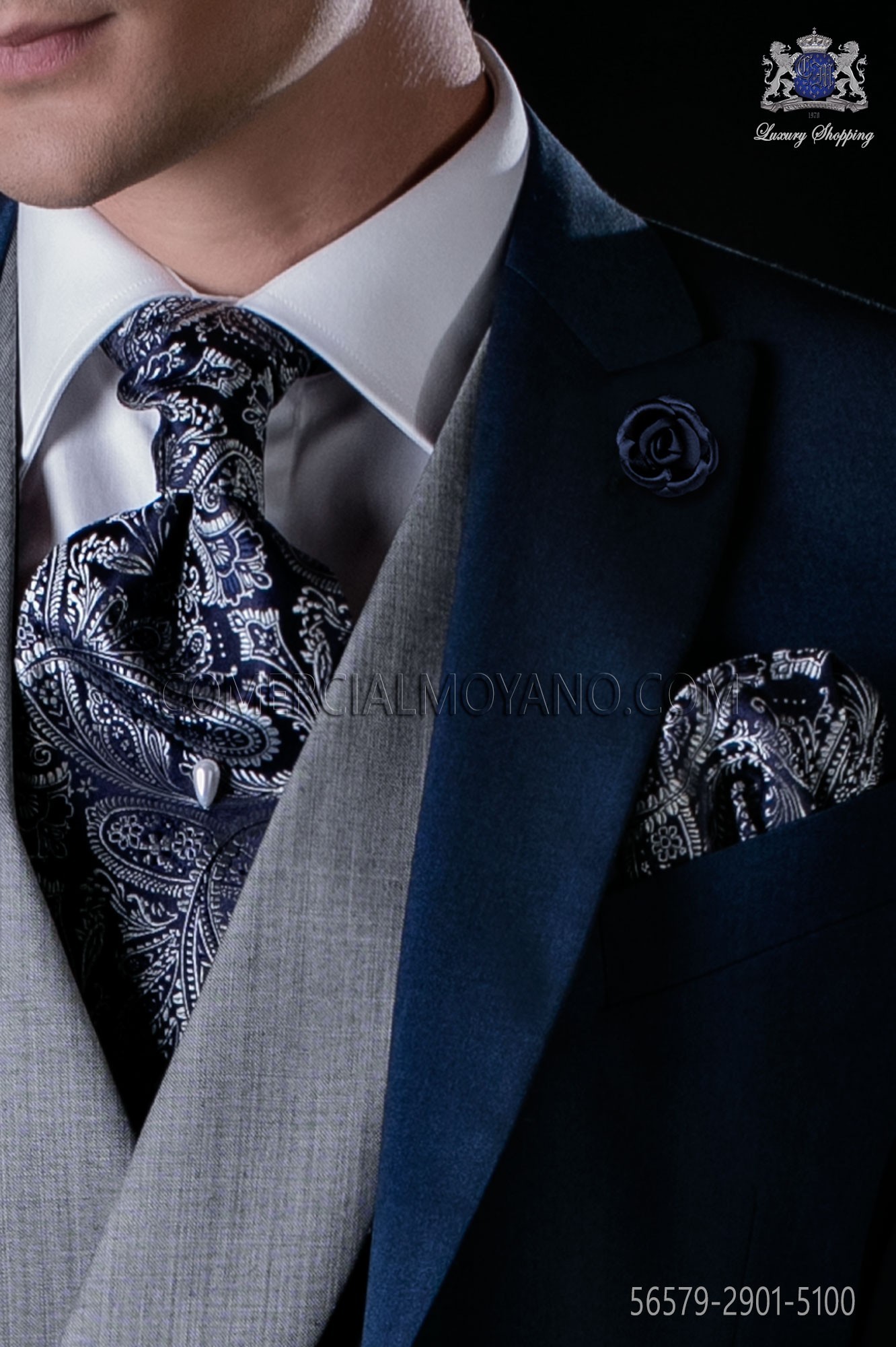 Krawatte mit Einstecktuch blau und silber aus Seide Mario Moyano Gal
