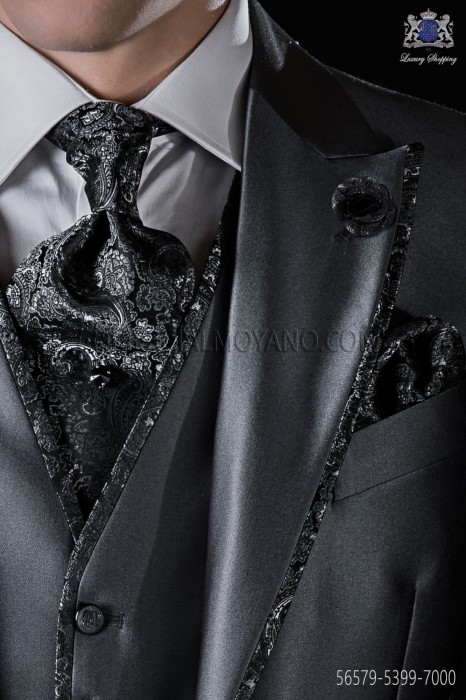 Cravate et mouchoir en jacquard gris anthracite