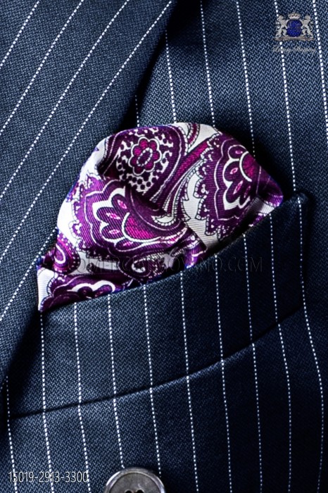 Einstecktuch weiß mit violett Paisley Design aus Seide