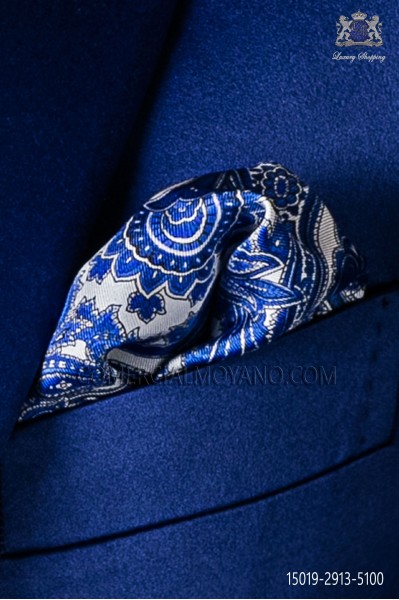 Pañuelo de pura seda blanco con diseño paisley azul