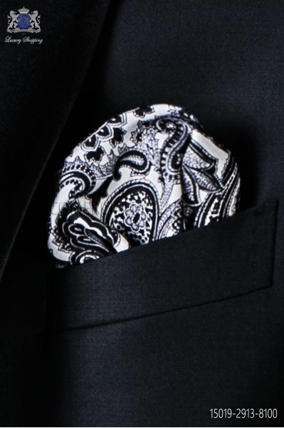 Pañuelo de pura seda blanco con diseño paisley negro