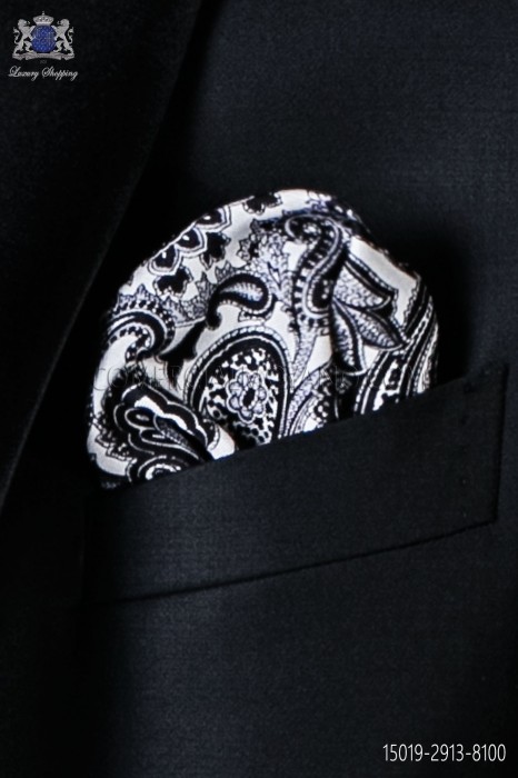 Einstecktuch weiß mit schwarze Paisley Design aus Seide