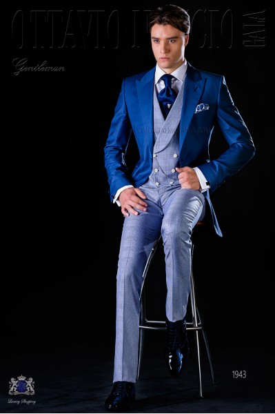 Bespoke royal blue frock coat and “Prince of Wales” trousers