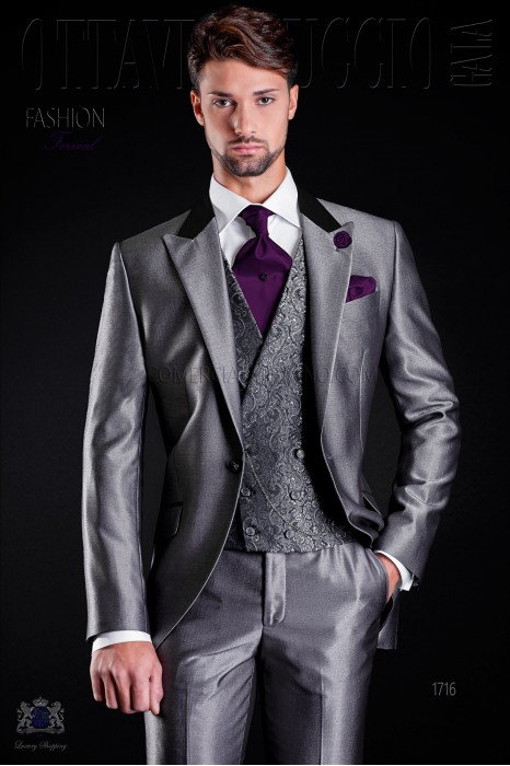 Wedding suit grey with black satin collar
