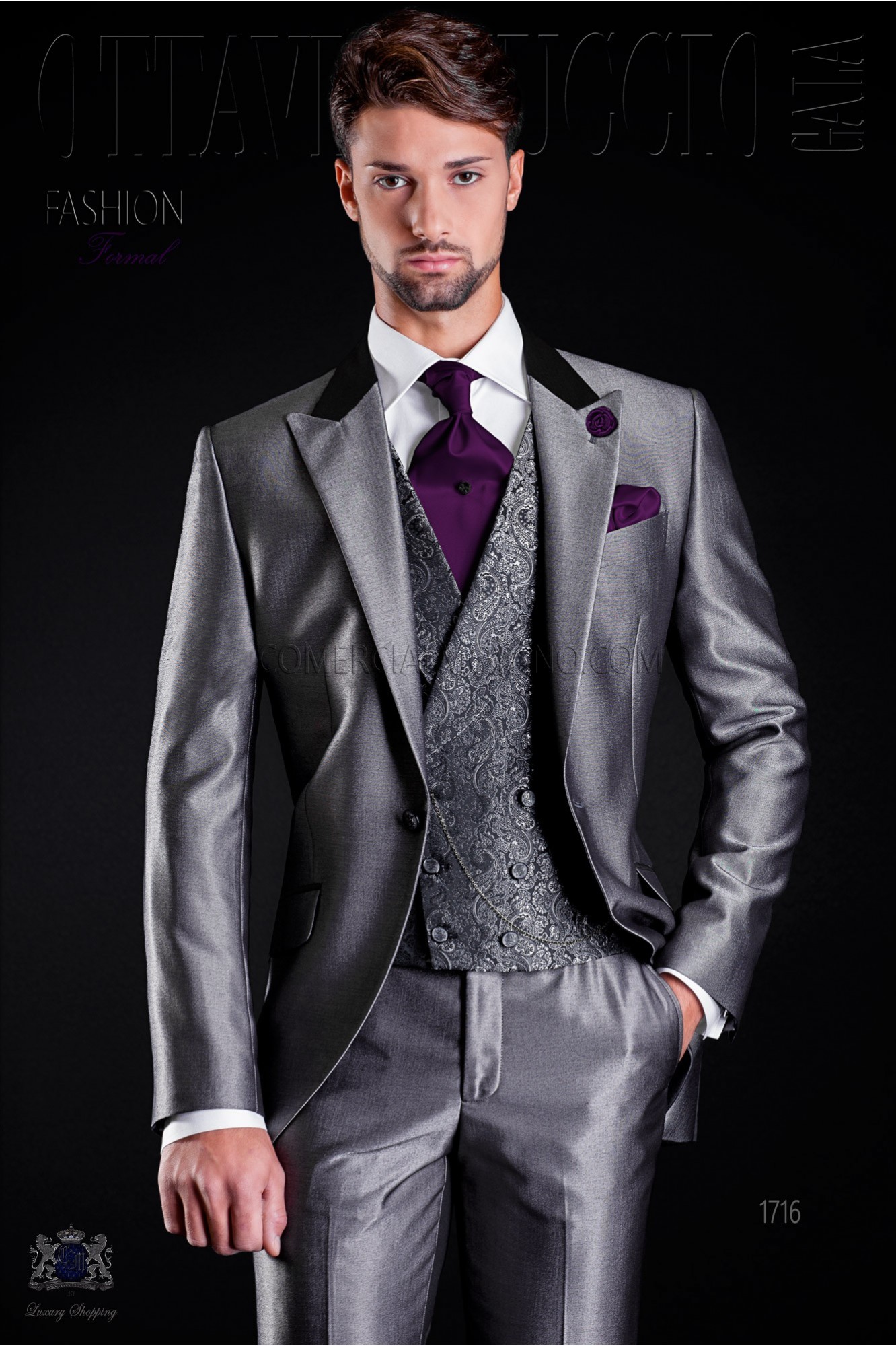 Wedding suit grey with black satin collar
