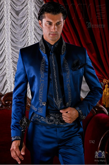 Gothic blue satin tail coat with silver embroidery.