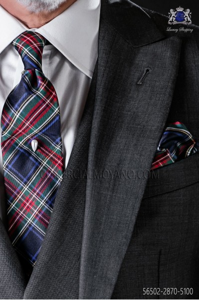 Corbata y pañuelo de bolsillo diseño tartán en pura seda