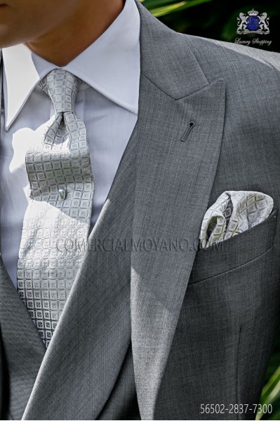 Krawatte mit Taschentuch Seidenjacquard graue Perle