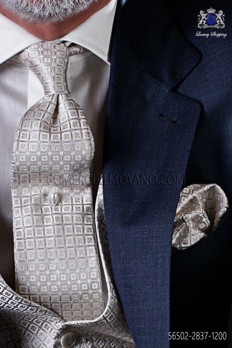 Ivory Jacquard silk tie and pocket handkerchief